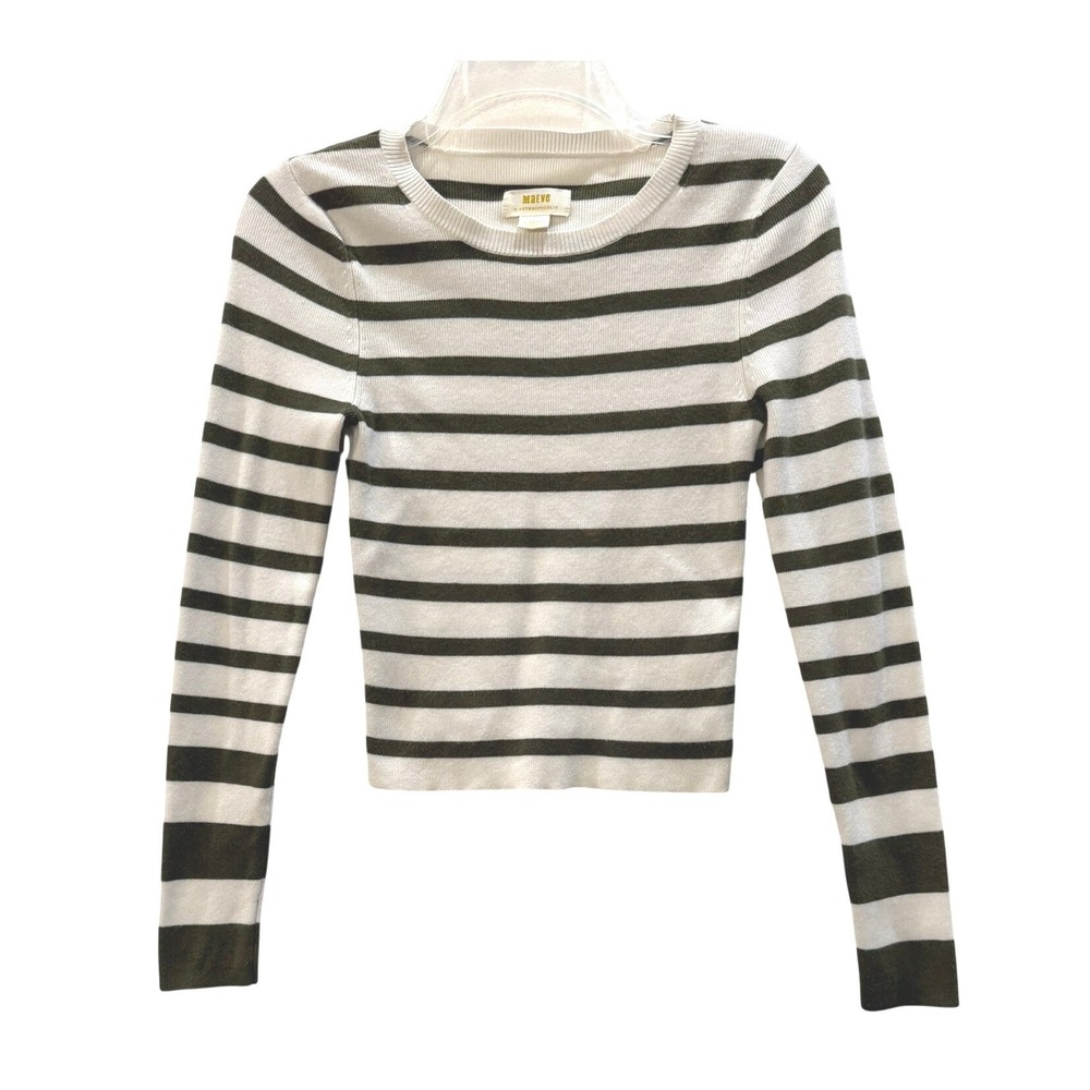 Maeve Anthropologie Womens XS Striped Ribbed Knit Top Long Sleeve Olive White